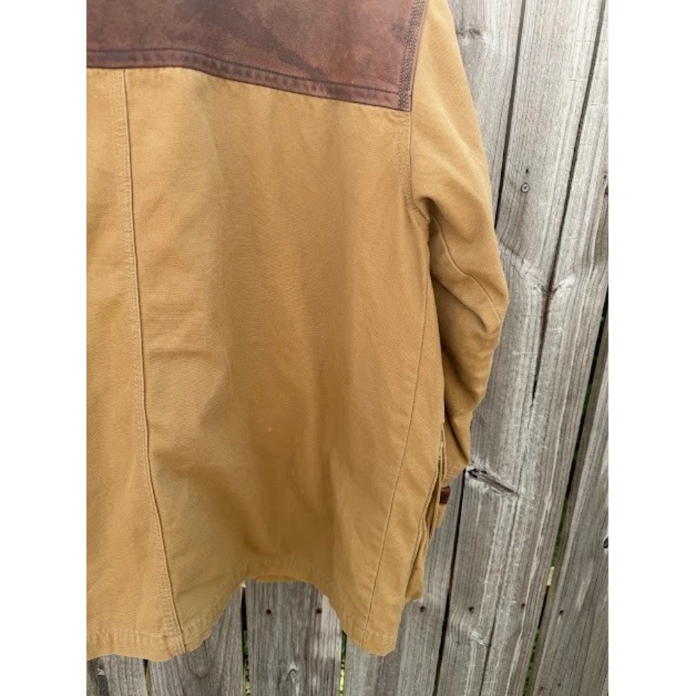 Vintage Tommy Hilfiger Canvas Barn Chore Jacket Tan Leather Yoke Corduroy Plaid - Picture 8 of 16